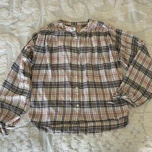 Faherty Everleigh Top Blouse Womens Size S Orange Blue Plaid Peasant Cowgirl